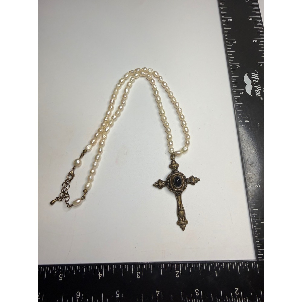 Victorian Gothic Bronze Cross Necklace Freshwater Pearl Black Cabochon Pendant